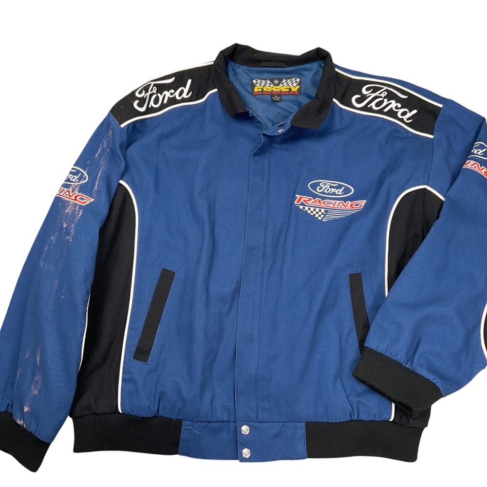 Essex Ford Racing Jacket Mens XL Blue Stitched Logo Twill Bleach Bomber Grunge